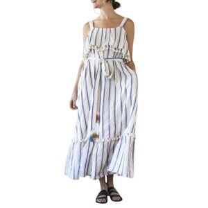 Travota Alana Maxi Sundress Womens Small Ivory Blue Stripe Tassels Sleeveless